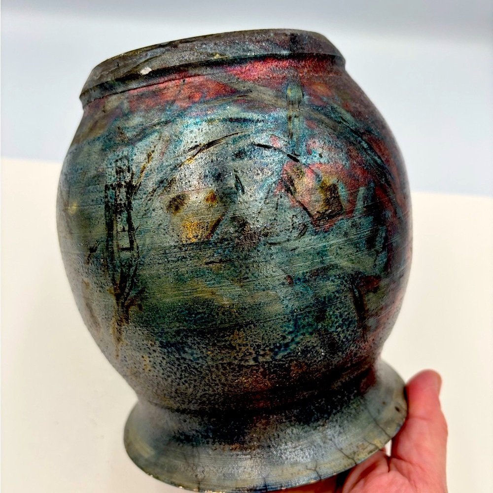 Raku Pottery Vase Iridescent Blue,Greens W/layers of Vibrant Copper Highlights
